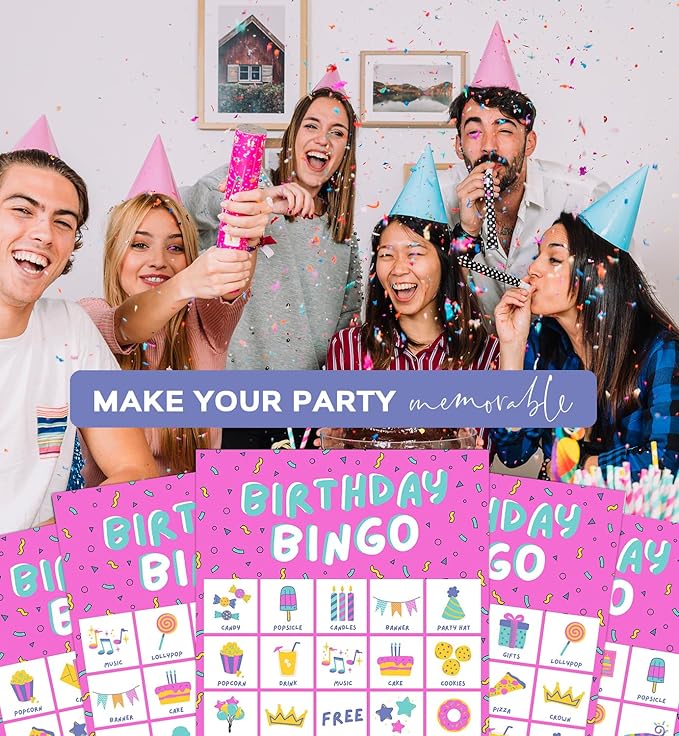 Markt Birthday Bingo Game for Kids Birthday Party Games, Kids Party Games Supplies - 23 Players - Pink
