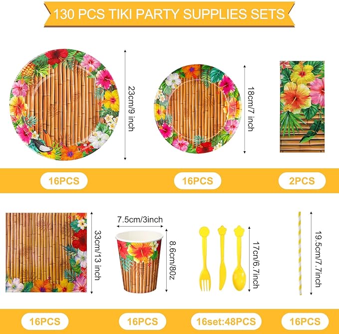Frienda 130 Pcs Tiki Party Supplies Sets Hawaiian Party Decor Luau Plates and Napkins Party Supplies Tiki Tablecloth Aloha Tropical Plastic Cup Straw Knife Fork for Hawaii Summer Party, Serves 16