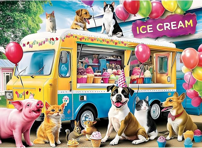 300 Piece Puzzle for Adult,Ice Cream Truck Jigsaw Puzzle,Unique Fun Colorful Summer Puzzle Large Piece,Cute Animal Puzzle for Teens Seniors,Challenging Family Activity Game Gift for Family,20.5*15In