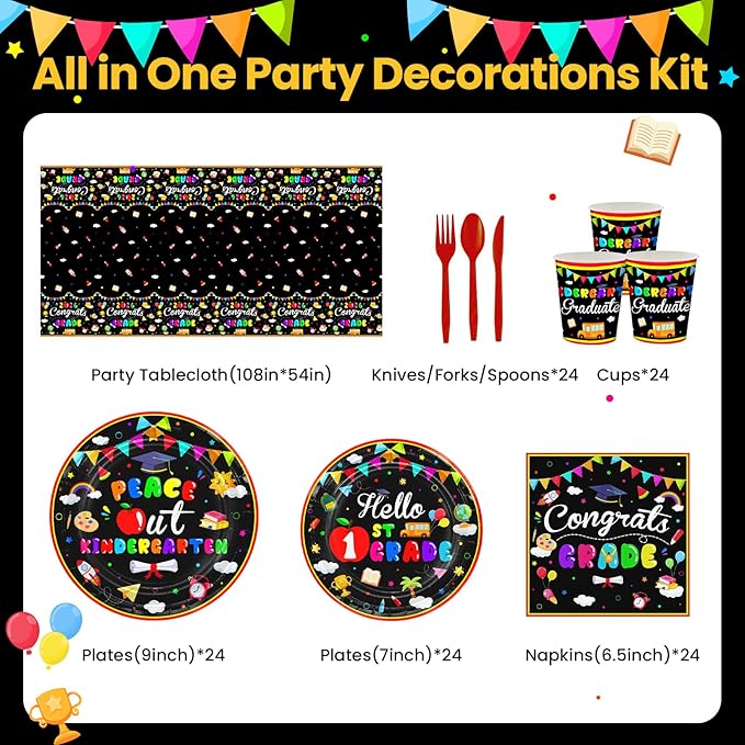 Kindergarten Graduation Decorations 169 Pcs 2026 Congrats Grad Plates Napkins Cups Tablecloth Tableware Set Peace Out Kindergarten Graduation Party Supplies Serve 24