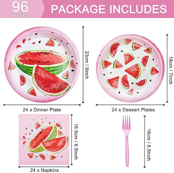96 Pcs Watermelon Birthday Party Plates Napkins Forks Supplies Tableware Set Disposable Table Watermelon Theme Decoration for Girl Birthday Party or Summer Party, Serves 24 Guests