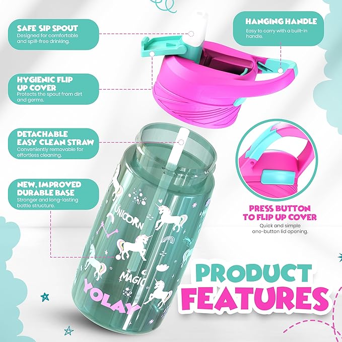 YOLAY 15oz Kids Water Bottle For School Boys and Girls, Durable Toddler Water Bottle with Straw Lid Leak-Proof, Spill Proof, Easy Clean and Dishwasher Safe with Re-Usable and BPA Free - Unicorn