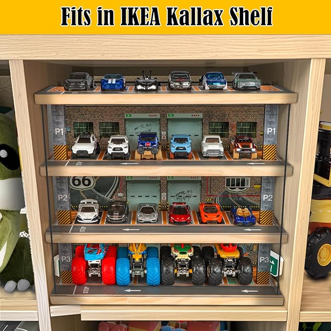 Saichotoy Storage for Hot Wheels: Toy Car Parking Garage Diorama with Lights - Freestanding Display Case for 1/64 Scale Diecast Cars with 4 Levels 24 Spots Maximum 40 Cars