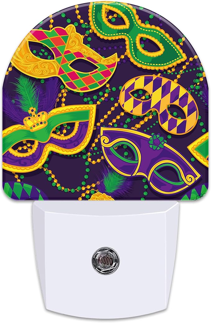 Happy Mardi Gras Night Light for Kids,Colorful Carnival Masks and Beads Plug in Night Light with Dusk to Dawn Sensor, 0.5w Energy Saving Nightlight for Hallway Stairway Kitchen Bedroom