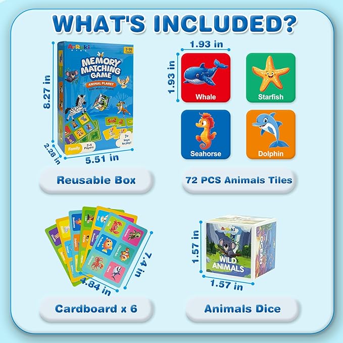 72 PCS Animals Memory Matching Game for Kids, Animal Theme Memory Board Game for Toddlers, Memory Cards Concentration Game for Ages 3 and Up