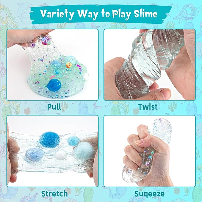 10 FL OZ Mermaid Clear Slime Kit, Blue Slime Bucket, Slimes Party Favors for Kids, Glimmer Crunchy Slimes Includes 9 Packs of Add-ins, Sensory Experience DIY Toys for Girls and Boys Ages 8-12