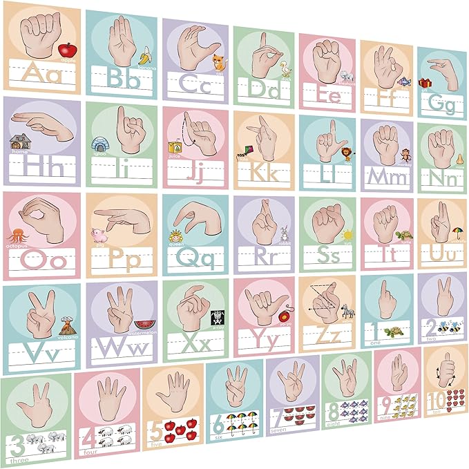 YIYDONG 36 Pieces ASL Alphabet Line Bulletin Board Set ABC Number Sign Language Flash Cards Wall Decorations for Pre-School Kindergarten Elementary Classroom Nursery Homeschool (Soft Tones)