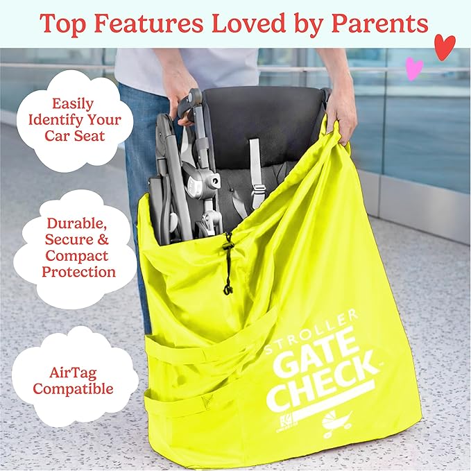 J.L. Childress Gate Check Bag for Single & Some Double Strollers - Travel Bag for Airplane, Fits Most Standard Baby Strollers, Airport Accessories Gate Check, Flying Essentials - Neon Yellow