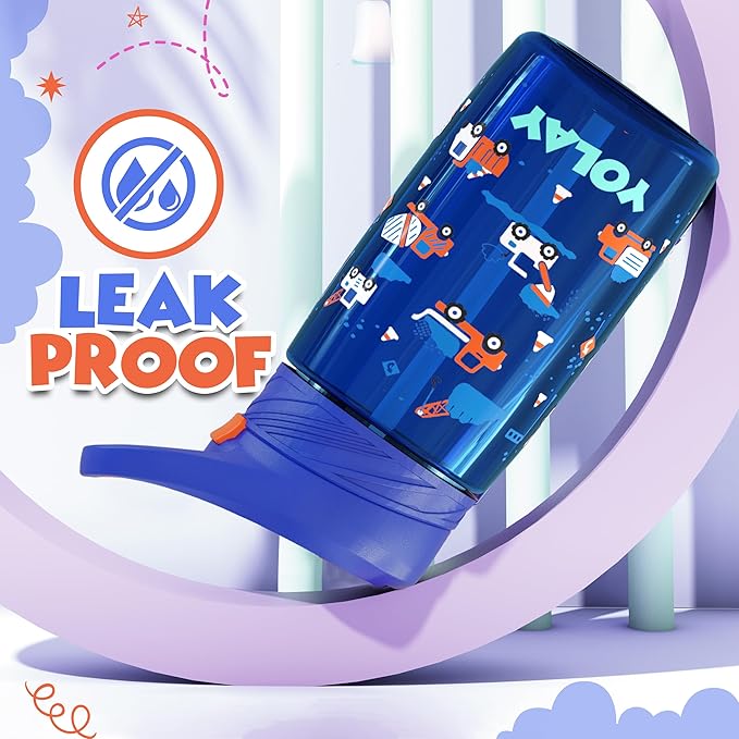 YOLAY 15oz Kids Water Bottle For School Boys and Girls, Durable Toddler Water Bottle with Straw Lid Leak-Proof, Spill Proof, Easy Clean and Dishwasher Safe with Re-Usable and BPA Free - Trucks