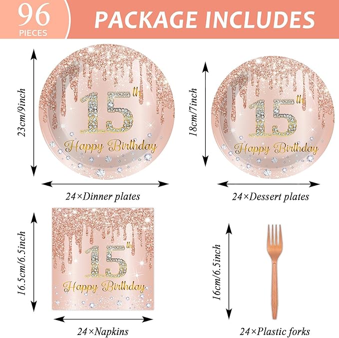 96Pcs 15th Birthday Party Plates and Napkins for 15 Year Old Birthday Party Supplies Rose Gold Paper Dessert Plates 15th Birthday Tableware Set for Girls Women 24 Guests Party Decorations