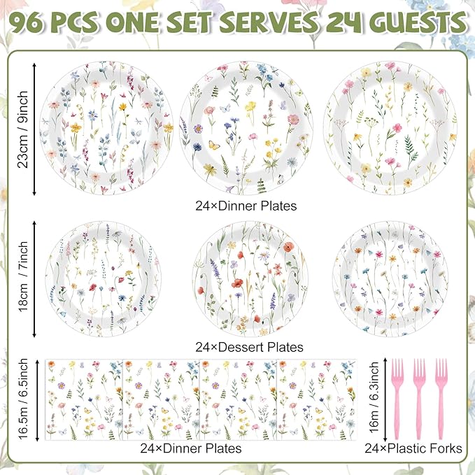 96Pcs Wildflower Party Supplies Floral Themed Paper Plates Napkins Wildflower Butterfly Tableware Disposable Dinnerware Decoration Set for Girls Birthday Wedding Bridal Baby Shower Party Table Decor