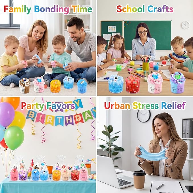 12 Pack Slime Kit, with 4 Butter Slime, 4 Jelly Cube Crunchy Slime and 4 Cloud Slime, Soft and Non-Sticky, DIY Stress Relief Toys for Girl and Boys, Birthday Gift, Party Favor, Classroom Reward