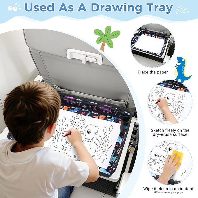 COOLBEBE Airplane Tray Table Cover Foldable Travel Tray Cover for Toddlers 1-3 Universal Fit for Airplane, Car Seat, High Chair Machine Washable, Portable Black Dinosaur