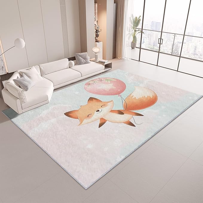 Cartoon Fox Balloon Kids Rugs 3×10ft Cute Animal Washable Soft Kids Bedroom Rugs, Non-Slip Floor Carpet for Living Room Dining Room Nursery Home Decor