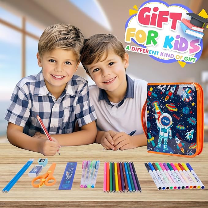 Washable Markers Set with Glitter Pencil Case, Art Supplies for Kids Ages 4-6-8, Arts Crafts Travel Coloring Kit for Boys 4 5 6 7 8 Year Old Birthday Gifts