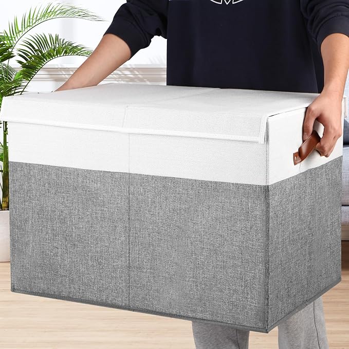 Gowee Large Toy Storage Box with Lid, Sturdy Toys Storage Chest Bin Organizer Basket with Dividers for Kids, Boys, Girls, Nursery, Closet, Bedroom, Playroom 26"x17" x17" (Grey and White)