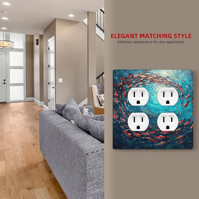 Ocean Fish School Of Fish Vortex Deep Sea Outlet Covers 2 Gang Double Duplex Decorative Light Switch Covers Electrical Wallplates Socket Faceplate for Kids Room Bedroom Decor