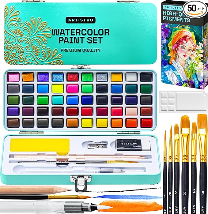 ARTISTRO 50 Color Watercolor Paint Set - Portable Paint Art Kit with Palette and Brush Pens - Travel Water Color Set for Adults, Professionals, Kids - Art and Painting Supplies - Gift Idea