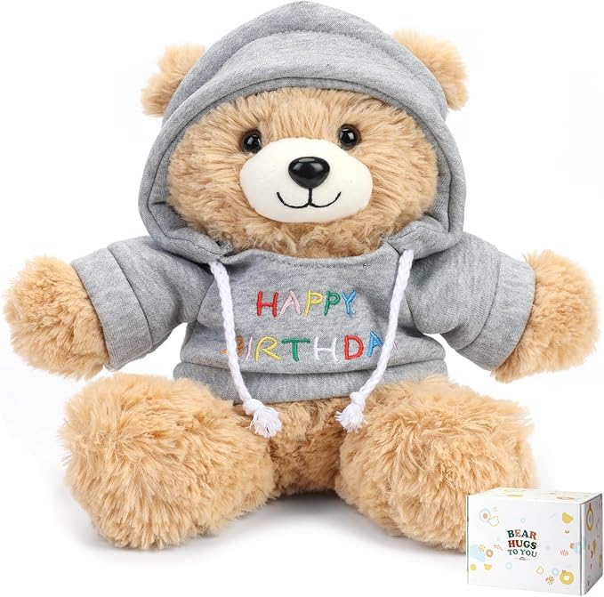 Osacoe Happy Birthday Teddy Bear Stuffed Animal with Gift Box Removable Hoodie for Kids, Women & Men, Unique Birthday Gift Boxes with Beautiful Gift Greeting Card