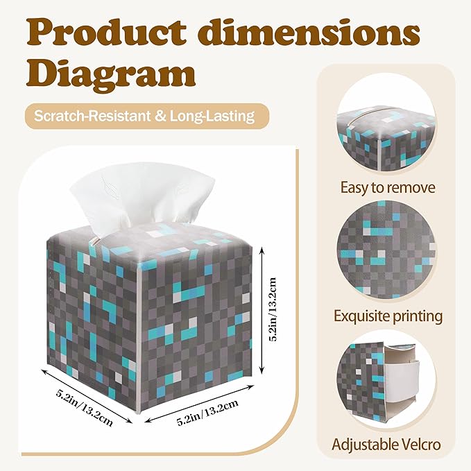 Pixel Diamond Ore Square Leather Tissue Box Cover – Gaming Themed Facial Paper Organizer, Fun Birthday Gift for Kids & Gamers, Decorative Bathroom, Bedroom & Game Room Decor