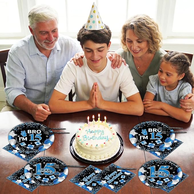 100 Pcs 15th Birthday Decorations for Teen Boys Blue and Black 15th Plate Napkin Forks Set Disposable Teen 15 Year Old Birthday Tableware Dinnerware for I’m 15 Bro Party Supplies Favors Serve 25