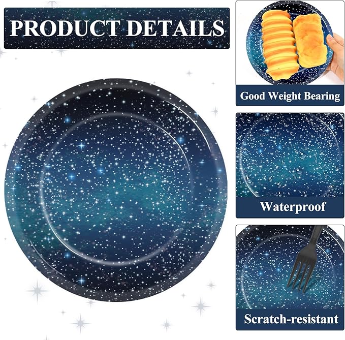 48Pcs Starry Night Starry Sky Galaxy Paper Plates and Napkins Solar System Party Decorations Ramadan Birthday Party Supplies Outer Space Disposable Tableware for Baby Shower Boys Girls Serves 24