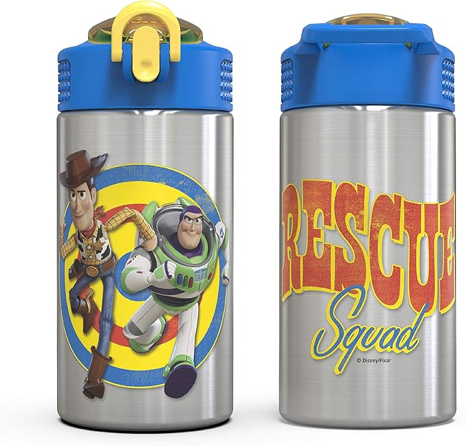 Zak Designs Toy Story 4 Buzz & Woody 15.5 ounce Water Bottle, One Hand Operation Action Lid and Built-in Carrying Loop, with Straw is Perfect for Kids