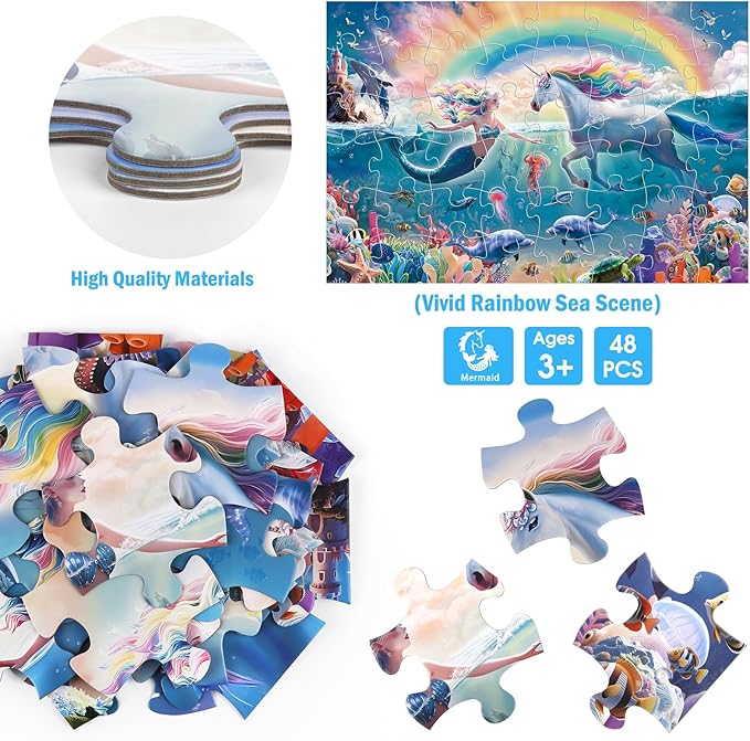 Jumbo Floor Puzzle for Kids Ages 4-8, 48-Piece Unicorn and Mermaid Underwater Jigsaw Puzzle, Large Educational Toys for Toddler Girls and Boys, Easter Gift for 3-5 Year Olds
