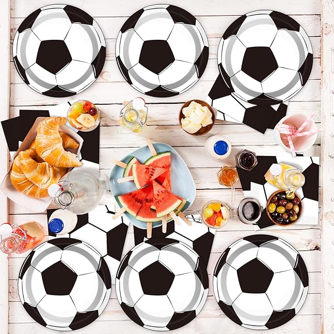 Qyeahkj Soccer Birthday Party Decoration Plates Napkins Tablecloth Supplies -Serves 24 Guests Disposable Tableware Dinnerware Favors for Boys Girls Soccer Sports Theme Baby Shower Birthday Party