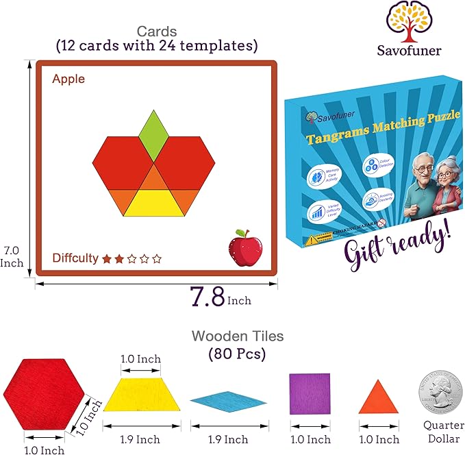 Memory Care Activities for Seniors, Wooden Cognitive Games for Elderly, 80 Pieces Tangram Puzzles for Alzheimer and Dementia Patients, Large Wooden Colorful Shape Pattern Matching Board Gifts (Hard)