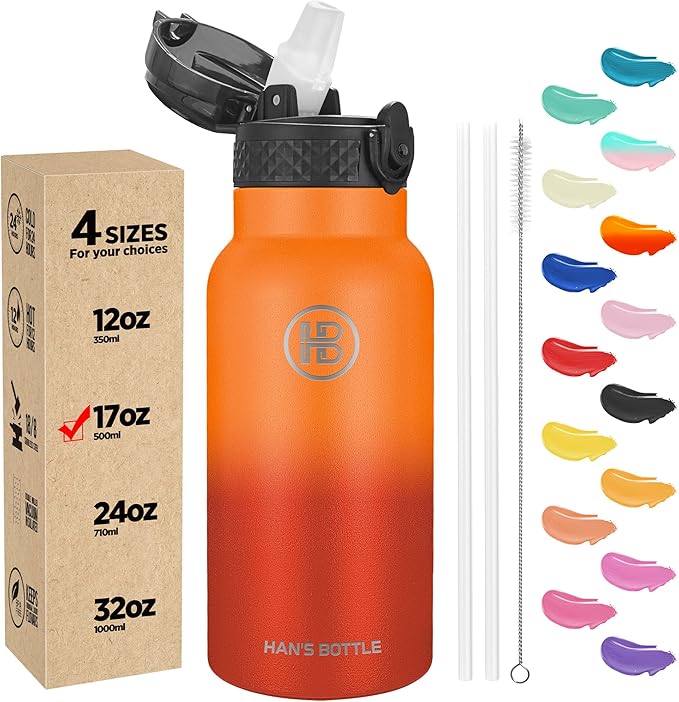 Han's Bottle Kids Water Bottle with Straw Lid - Insulated Stainless Steel Reusable Tumbler for Girls,Boys,Thermo Mug,17oz,Fire