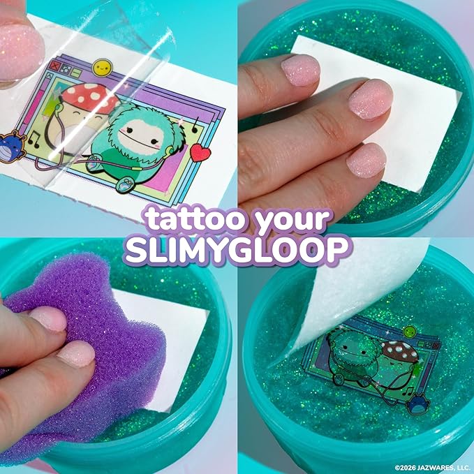 SLIMYGLOOP Tattoozee, Squishmallows Tattoo Transfer Slime Kit, Sensory Play for Kids Ages 6+, Blue Raspberry Scented, Glitter Texture
