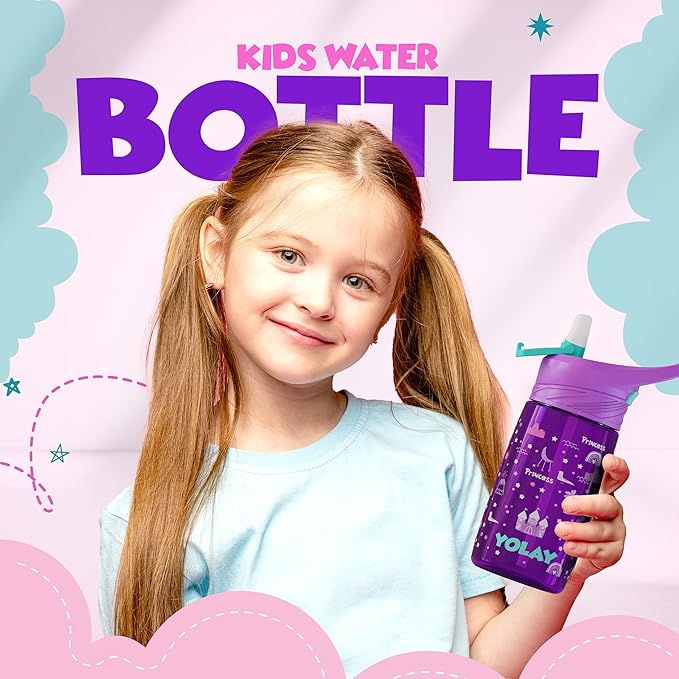 YOLAY 15oz Kids Water Bottle For School Boys and Girls, Durable Toddler Water Bottle with Straw Lid Leak-Proof, Spill Proof, Easy Clean and Dishwasher Safe with Re-Usable and BPA Free - Princess