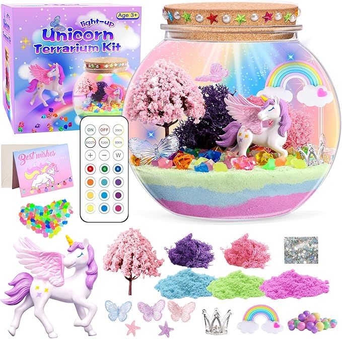 Unicorn Light-Up Terrarium Kit for Kids - Multicolor LED Night Light Birthday Gifts - Unicorn Toys for Girls Ages 4-6 7 8 9 10 Year Old - Kids Arts and Crafts Kit, Easter Ideal Gifts