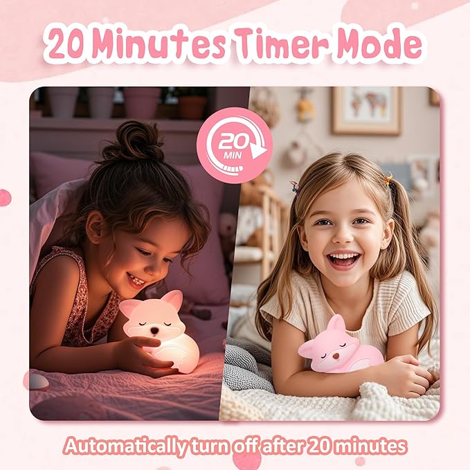 CoolGift Mart Fox Night Light, Cute Fox Silicone Night Light Gifts for Girls 8-12, Fox Lamp for Kids Child Baby Women Nursery, Animal Light with Touch Control, Timer and USB Rechargeable