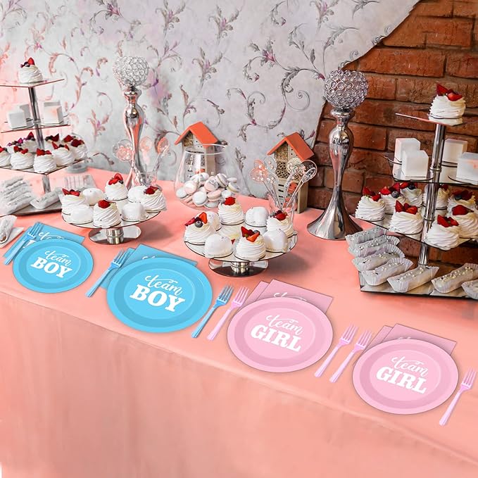 96 PCS Gender Reveal Party Supplies Gender Reveal Plates and Napkins Baby Shower Party Tableware Boy or Girl Disposable Paper Plates Napkins for Party Decorations Supplies Favors for 24 Guests