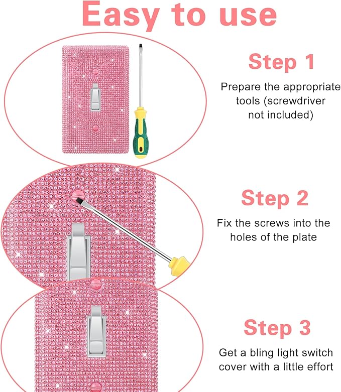 Pink Light Switch Cover, Pink Glitter Switch Cover Plate Decorative Cute Outlet Covers with Rhinestones, Funky Bling Princess Style Outlet & Room Wall Decor (Fits Single Switch)