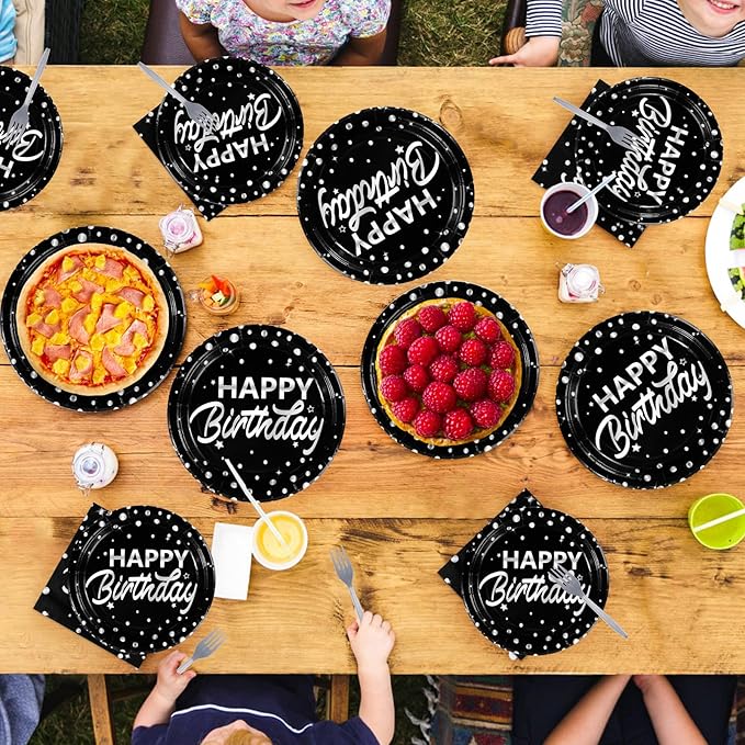 Grencian 96Pcs Black and Silver Birthday Party Decorations Silver Polka Dots on Black Paper Plates and Napkins Disposable Tableware for Women Men Birthday Party Graduation Decorations 2026 Serve 24