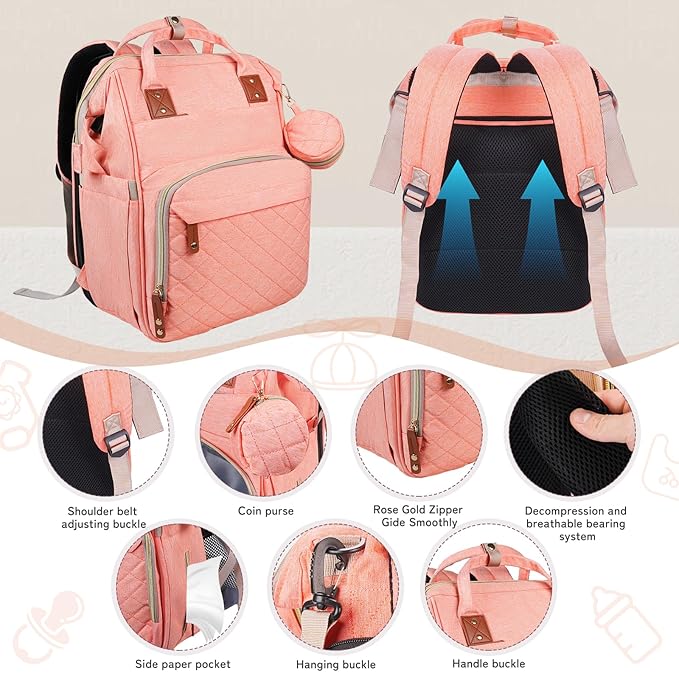 GurZinn Diaper Bag Backpack with Changing Station Portable 3 in 1 Multifunction Backpack Travel mommy bag Stroller Pink