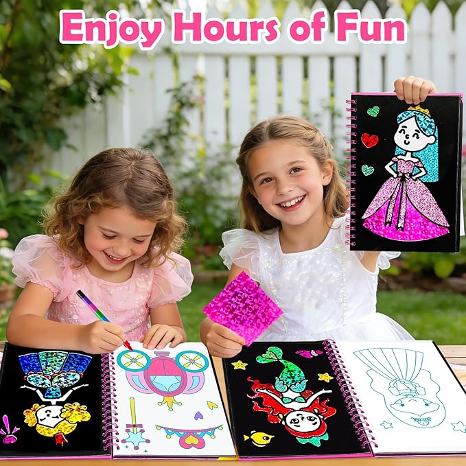 FUNNYB&G Foil Art Craft Kit for Girls 4-10 Years Old: Mess-Free & No-Glue, Create 16 Sparkly Princess Unicorn Pictures – Perfect Travel Toy & Birthday Gift for Kids (Princess)