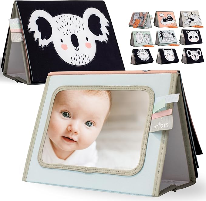 Soft Tummy Time Book w/ Large Stimulating Baby Safe Mirror - Fun High Contrast Montessori Toy w/ Mirror, Crinkle Filling & Silicone Teether - The Perfect Toy For Safe Early Newborn/Infant Development