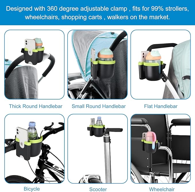 Accmor Stroller Cup Holder with Phone Holder, Bike Cup Holder, Universal Cup Holder for Uppababy Nuna Doona Strollers, 2-in-1 Cup Phone Holder for Stroller Bike Accessory