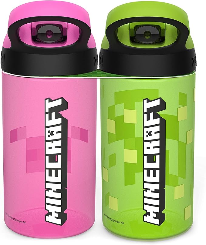 Zak Designs Minecraft Kids Water Bottle with Straw and Built in Carrying Loop Set, Made of Plastic, Leak-Proof Water Bottle Designs (Creeper/Pig, 16 oz, 2pc Set)