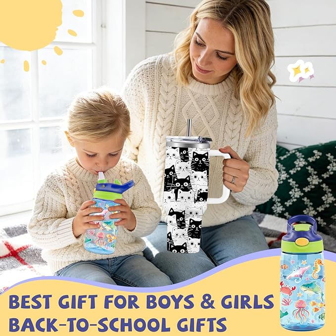 14oz Cute Marine life Kids Water Bottle with Straw Lid - Cartoon Water Bottles for Kids, Leakproof, Lightweight, Durable Plastic Bottles for School, Pop-Up Straw Cover, Gift Cup for Girls Boys(Sea)