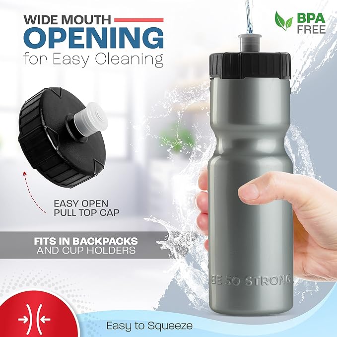 50 Strong Sports Water Bottles – Reusable 22 oz BPA-Free Plastic Bottles with Pull Top Cap – Made in USA – Top Rack Dishwasher Safe – Fits Most Bike Cages Brand