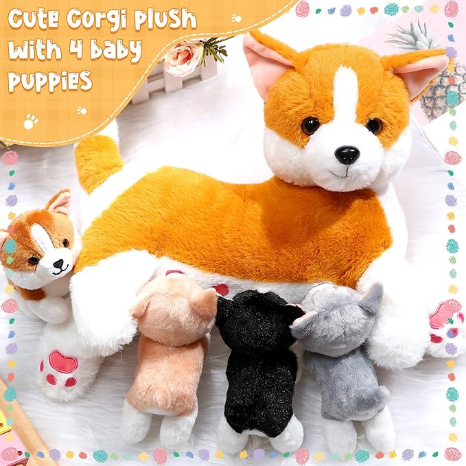 Honoson Nurturing Dog Mommy Plush Set with 4 Baby Puppies Soft Cute Dog Themed Stuffed Plush Toys for Kids Girls Boys Easter Birthday Gifts(Corgi)