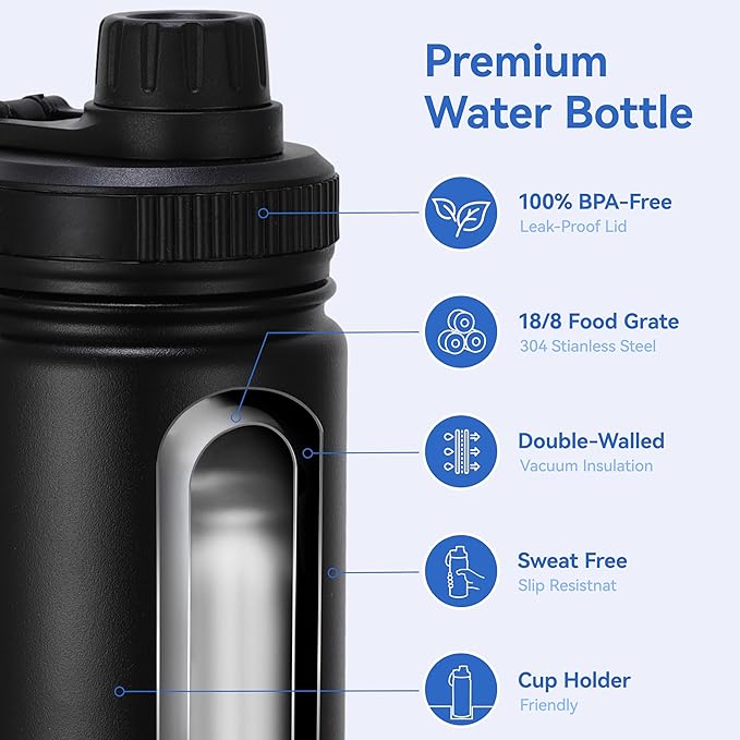 DOMICARE 16 oz Kids Water Bottle for School Stainless Steel Double Wall Vacuum Insulated Water Bottle with Straw lids & Spout Lid, Leakproof BPA Free （Black,1)