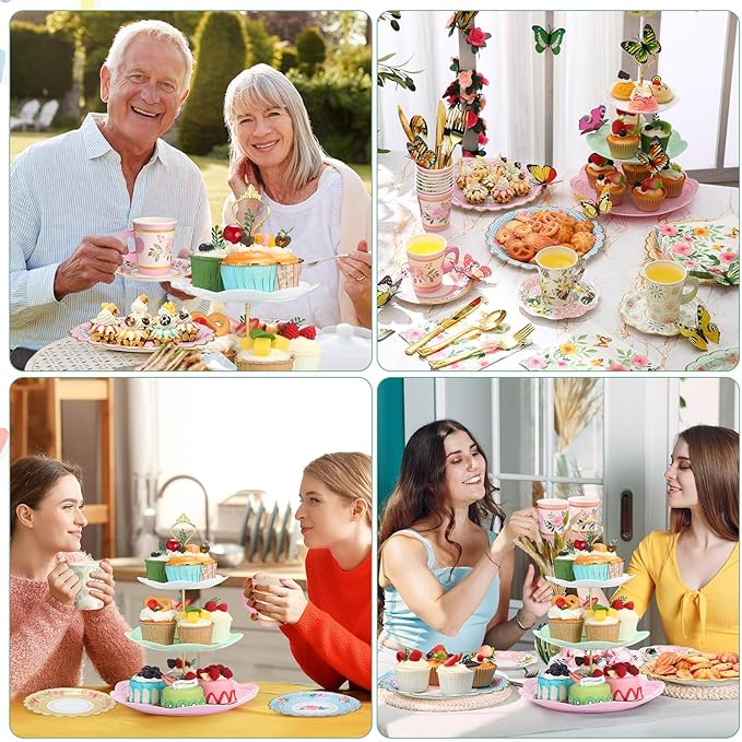 121 Pcs Floral Tea Party Dinnerware Set Include 9 oz Paper Cups and Saucers, Napkins, 3 Tier Cake Stand, Serving Platter, Butterfly Decorations, Flower Banner Tableware for Birthday Wedding