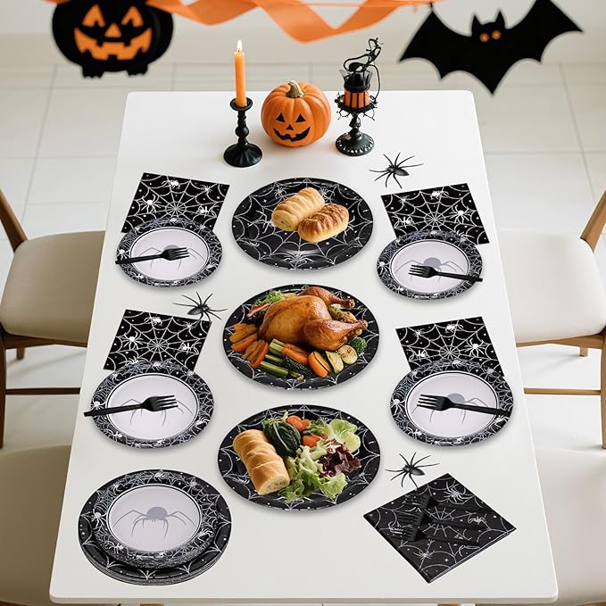 96 Pcs Halloween Plates and Napkins Set - Black Spider Webs Dinner Dessert Paper Plates Cocktail Napkins Forks Disposable Tableware for Spiderweb Halloween Party Decorations Supplies Favors, Serve 24
