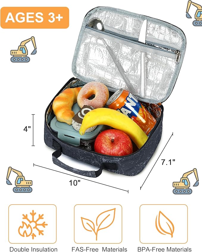 LOIDOU Lunch Box for Kids Boys Girls Insulated Lunch Bag Thermal Meal Tote Reusable Lunch Pail Bags for School Travel (Truck Gray)
